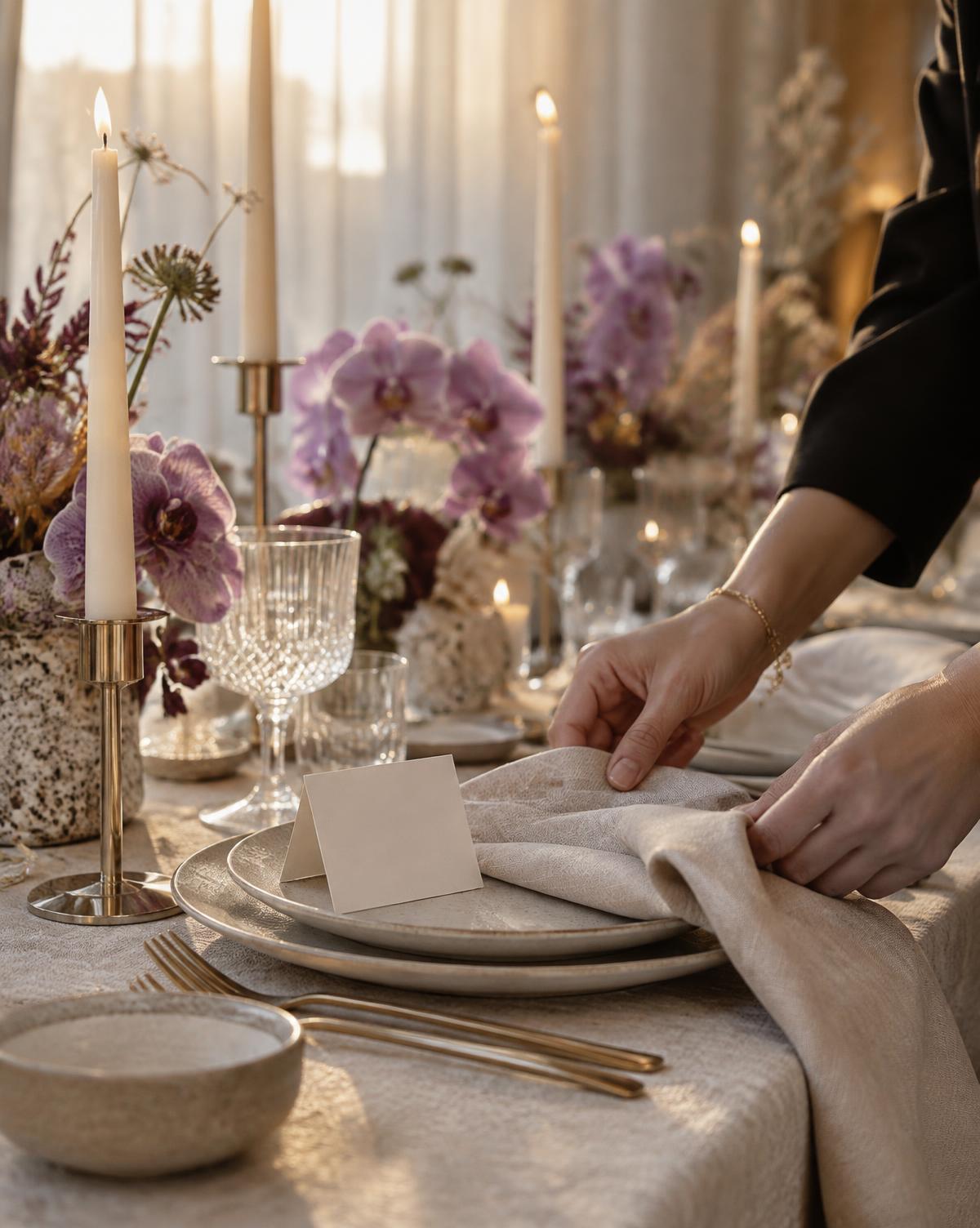 Close-up of premium event styling with candles, flowers and refined table details