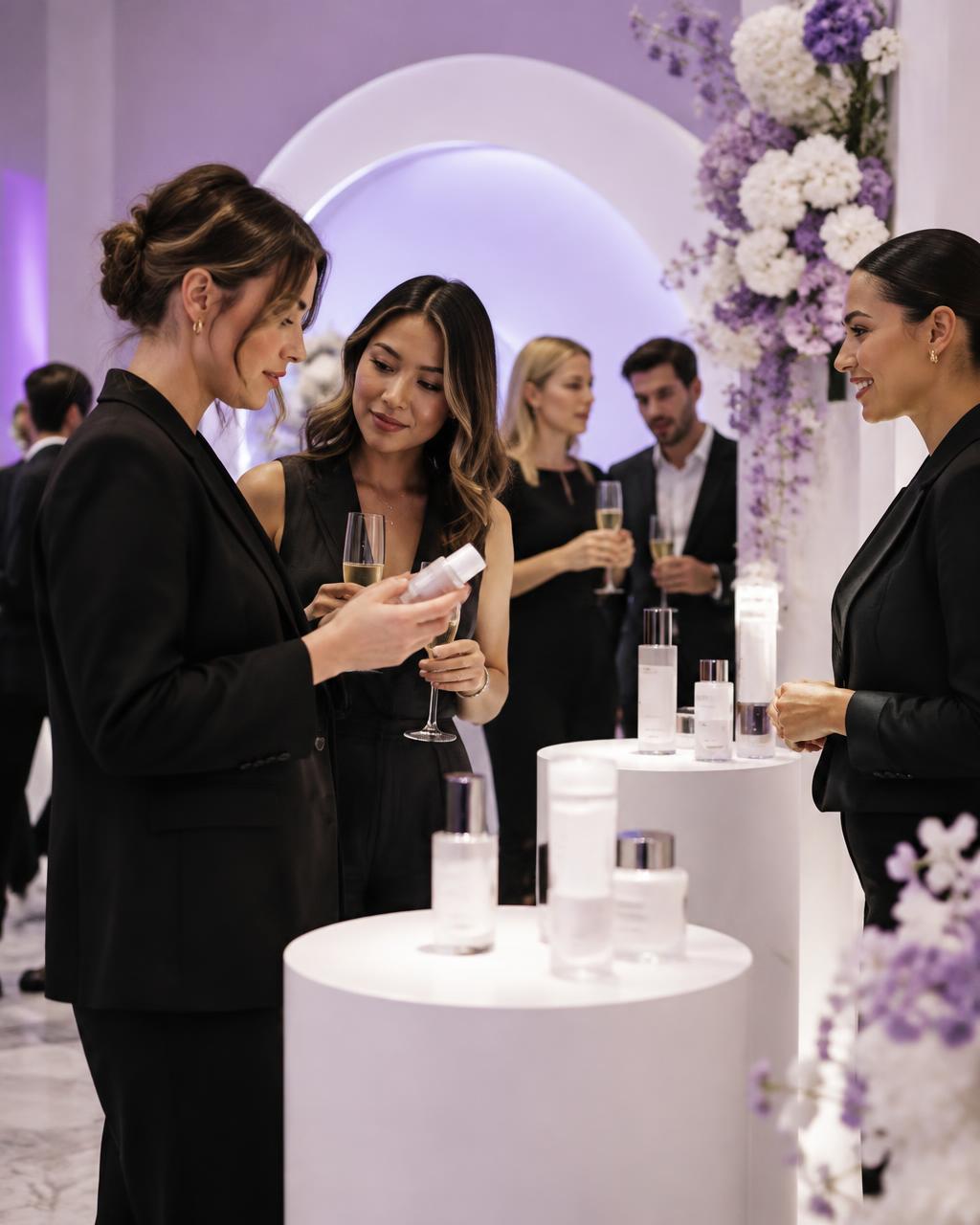 Guests at a beauty product launch with styled sampling displays