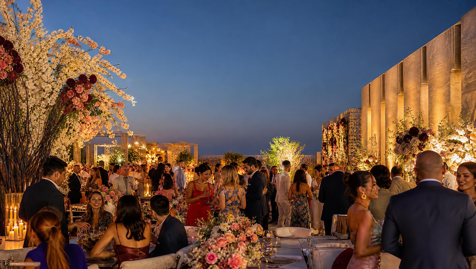 Spectacular outdoor celebration with floral installations and elegant guests