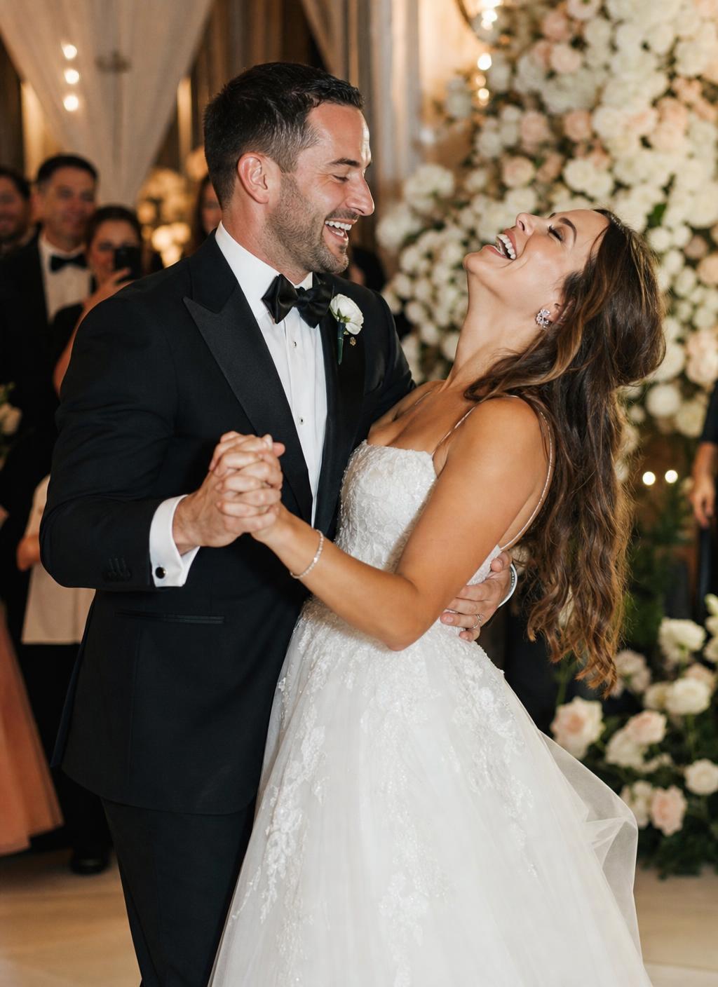 Bride and groom laughing and dancing together at a joyful wedding celebration
