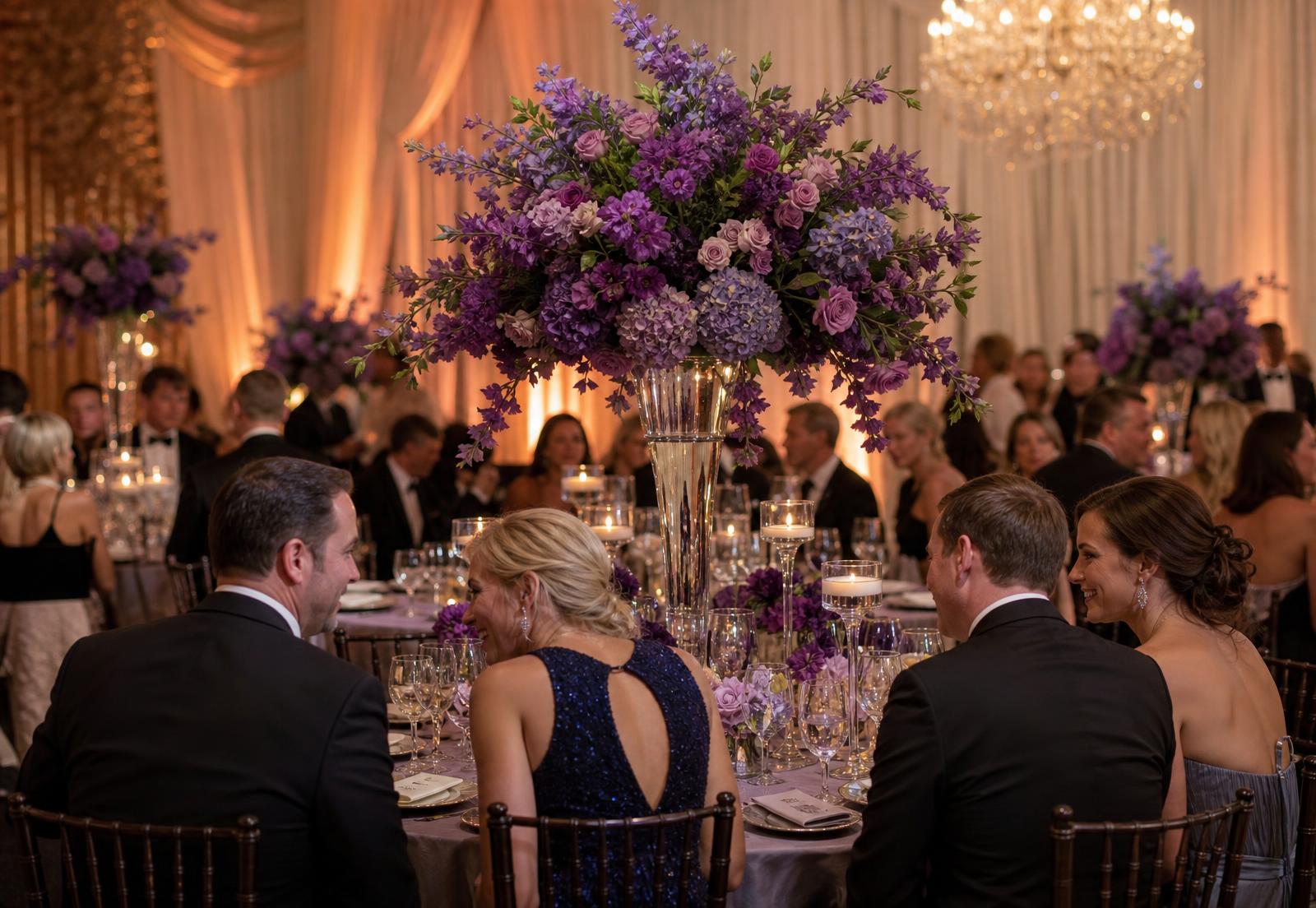 Evening reception with a tall purple floral installation and ivory drapery