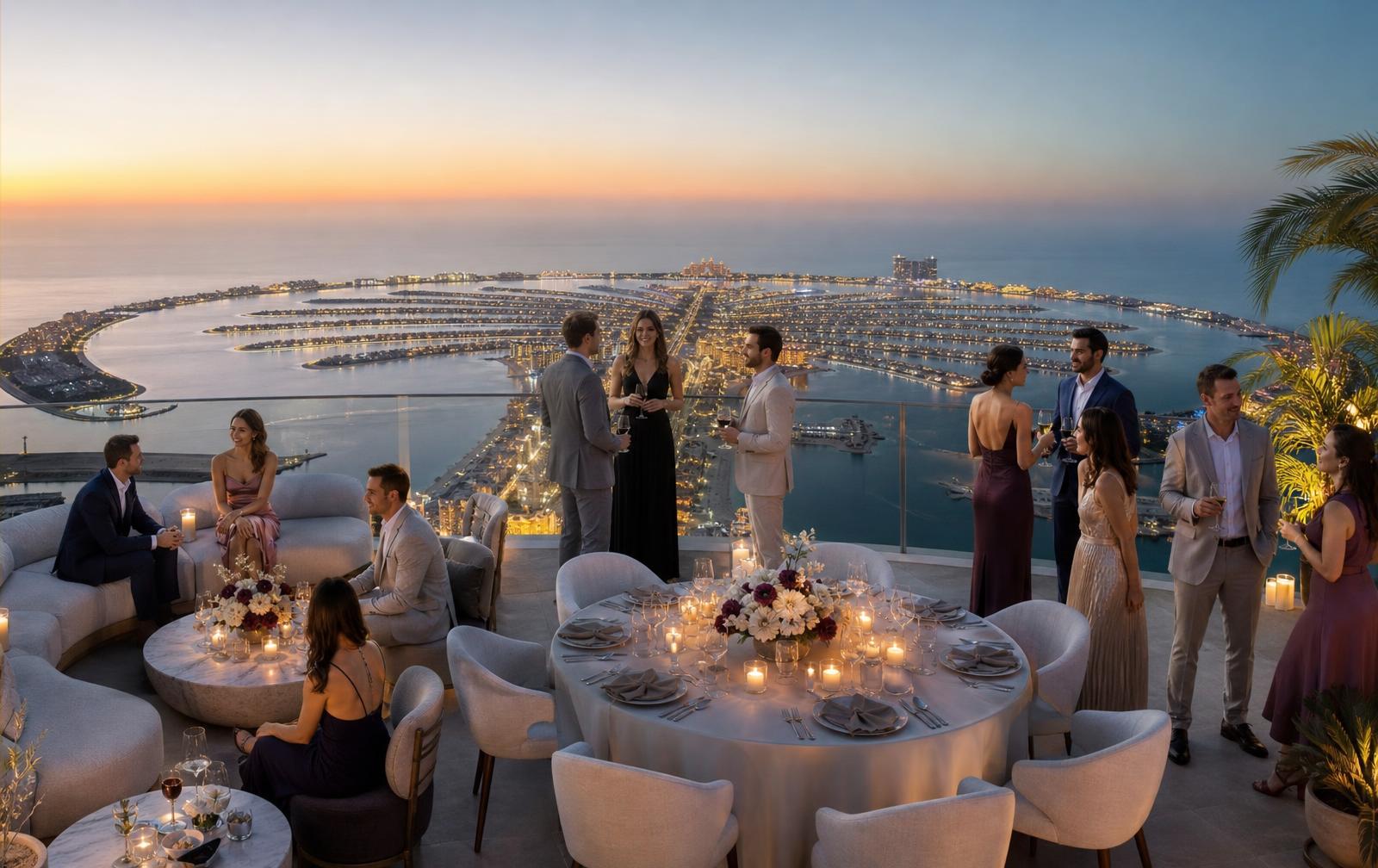 Guests dancing under festoon lights and confetti at an outdoor Dubai celebration