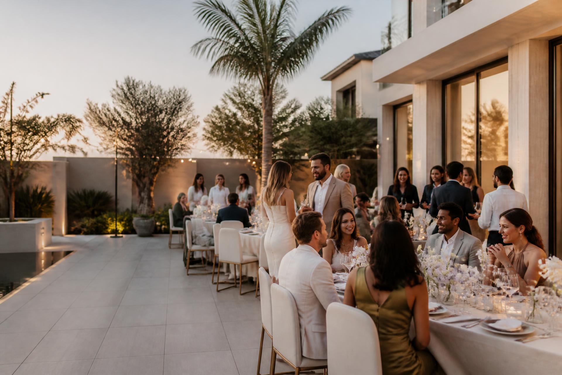 Luxury candlelit dinner table set for a private event with the Dubai skyline at dusk