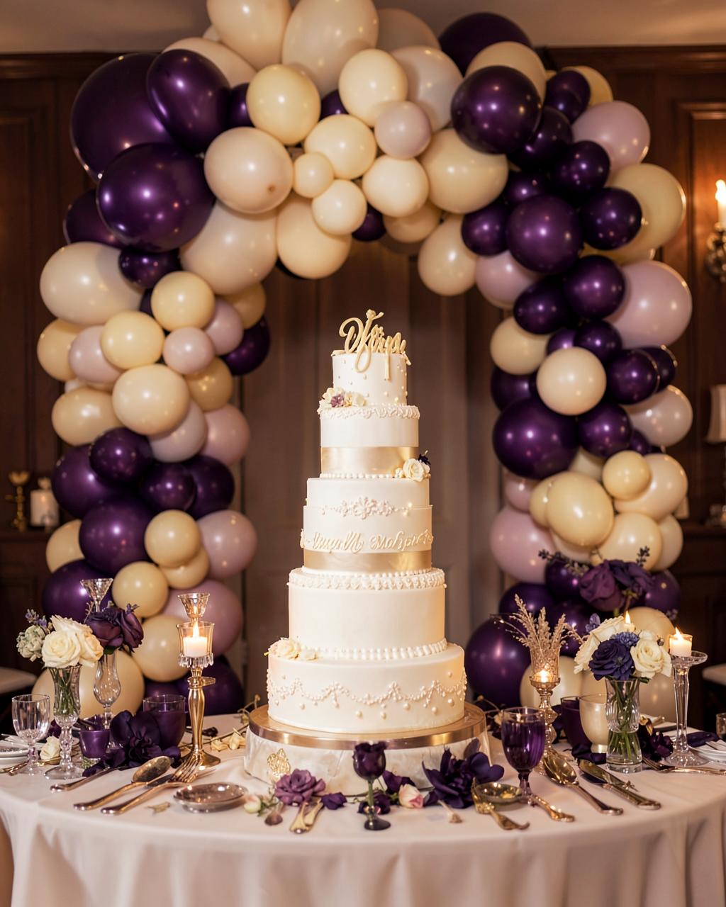 Elegant birthday cake with an ivory and purple balloon installation