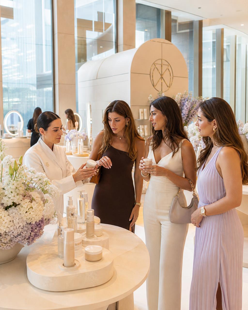Guests discovering skincare products at a premium beauty brand activation in Dubai