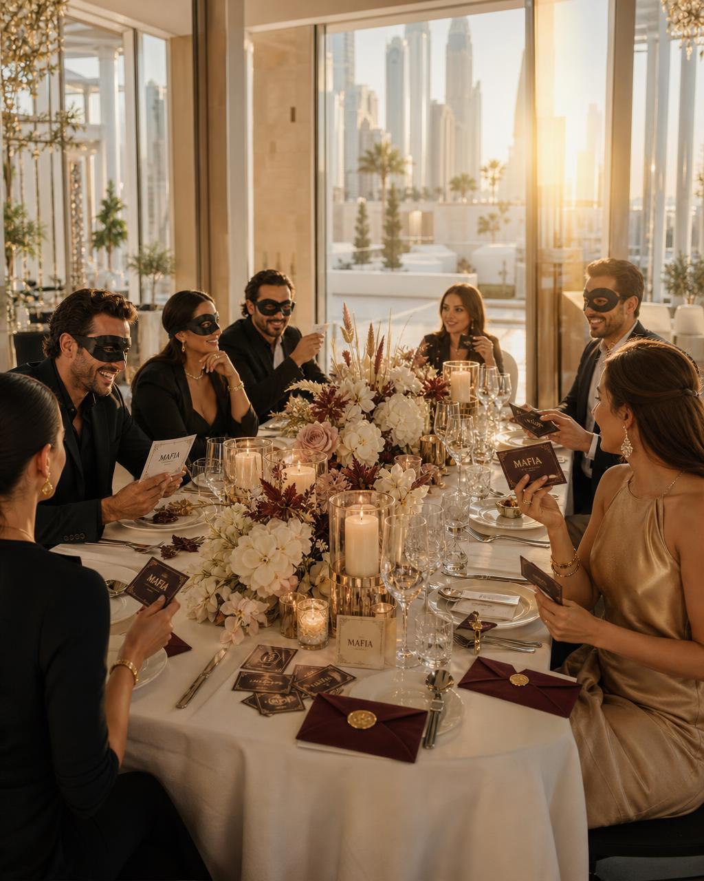 Bright golden-hour private Mafia dinner in a Dubai venue with masked guests and elegant table styling