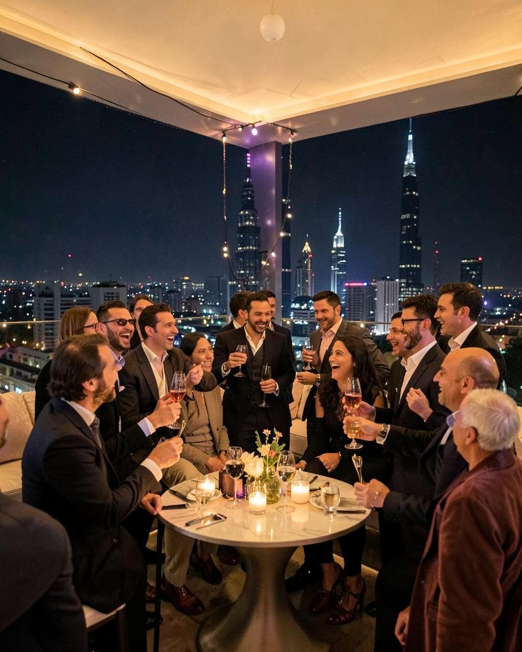 Guests celebrating at a stylish private rooftop party in Dubai