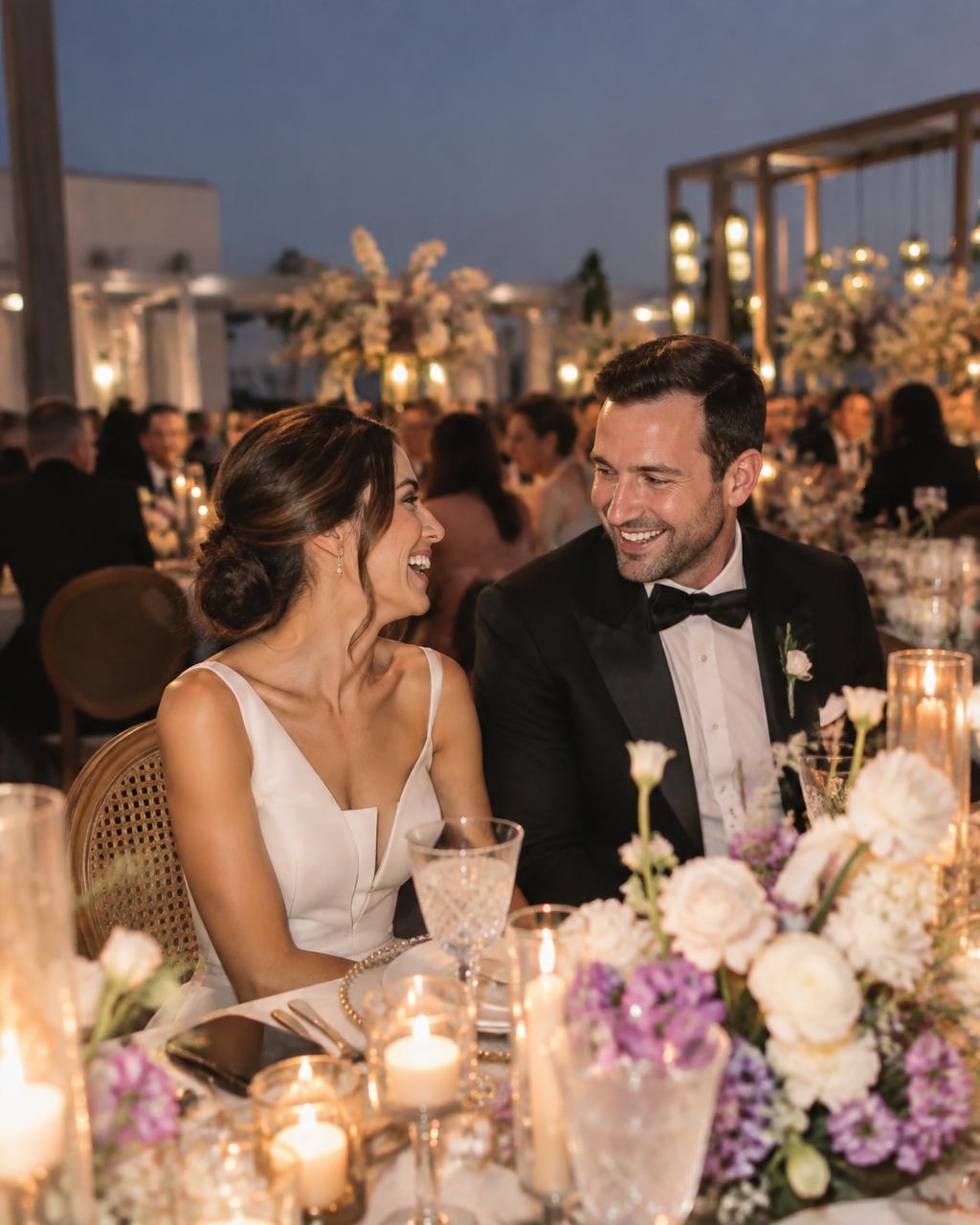 Floral wedding arch on a Dubai terrace at golden hour