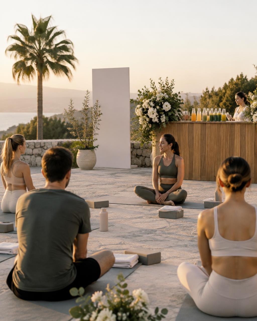 Group wellness session at sunrise with mats laid out and soft morning light